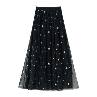 Star Embroidered Mesh A-line Midi Skirt
