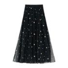 Star Embroidered Mesh A-line Midi Skirt