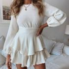 Long-sleeve Tie-waist Ruffle Layered Mini A-line Dress