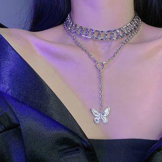 Butterfly Chain Layered Necklace Butterfly Necklace - One Size