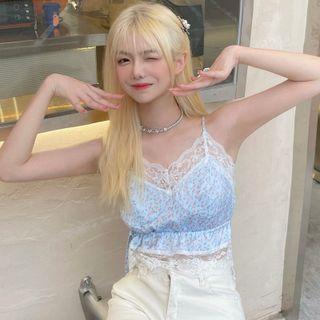 Floral Print Lace Trim Camisole Top Blue - One Size