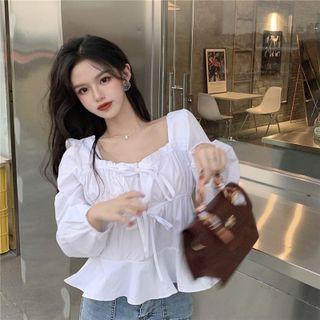 Long-sleeve Square-neck Bow Blouse White - One Size