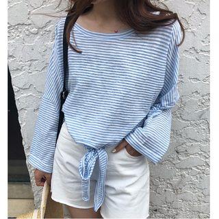 Striped Long-sleeve Tie-back T-shirt