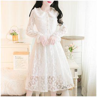 Long-sleeve Gather Waist Ruffled Lace Dress