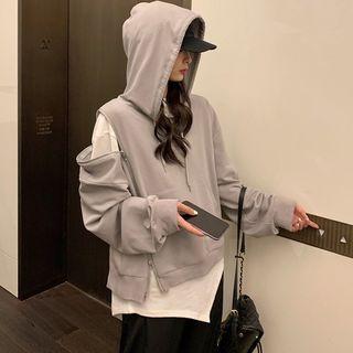 Short Sleeve Asymmetric Hem T-shirt / Zipper Long Sleeve Hoodie