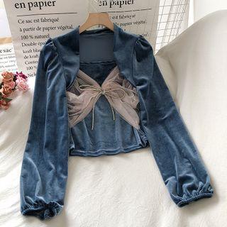 Long-sleeve Velvet Mesh Panel Crop Top