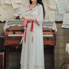 Set: Traditional Chinese Sleeveless Contrast Trim Embroidered Flower Maxi Chiffon Dress + 3/4-sleeve Light Jacket