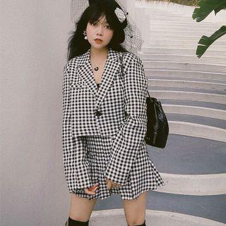 One-button Check Blazer / Pleated Mini A-line Skirt