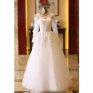Long-sleeve Rosette Ball Gown Wedding Dress