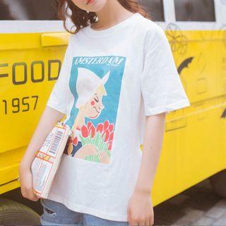 Tie-back Printed Short-sleeve T-shirt