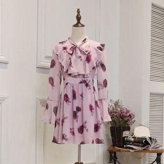 Long-sleeve Tie-neck Rose Printed A-line Dress