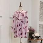 Long-sleeve Tie-neck Rose Printed A-line Dress