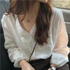 Long-sleeve V-neck Button-up Blouse White - One Size