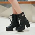 Faux Leather Lace-up Buckled Block Heel Platform Boots