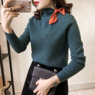 Long-sleeve Ribbon Mock Neck Knit Top