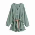 Long-sleeve Fringed Trim Button-up Romper