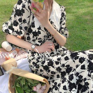 Puff-sleeve Flower Print Mini A-line Dress / Midi A-line Dress
