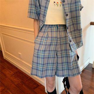 Loose-fit Check Shirt/ Check A-line Skirt/ Check Shorts/ Printed Cropped Camisole Top