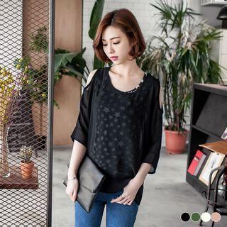Set: Cutout-shoulder Chiffon Top + Star Printed Tank Top
