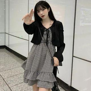 Spaghetti Strap Ruffled Houndstooth A-line Dress / Ruffled Jacket