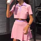 Set: Short-sleeve Cropped Polo Shirt + Mini Pleated A-line Skirt