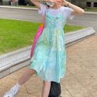 Short-sleeve Plain T-shirt / Spaghetti Strap Tie Dye Midi Dress