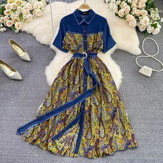 Short Sleeve Printed Chiffon Denim Shirt Dress