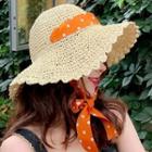 Dotted Ribbon-accent Straw Bucket Hat