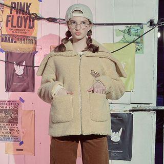 Wide-collar Letter-embroidered Dumble Jacket Beige - One Size