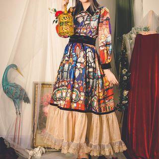Lace-hem Retro Print Tiered Skirt