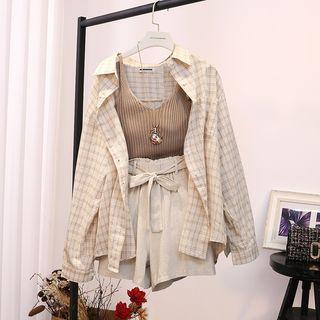 Set: V-neck Rib Knit Camisole + Plaid Tie-waist Shorts + Plaid Shirt