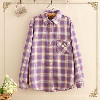 Dog Embroidered Plaid Long-sleeve Shirt