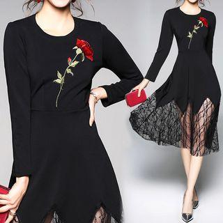 Appliqu  Long-sleeve A-line Lace Panel Dress