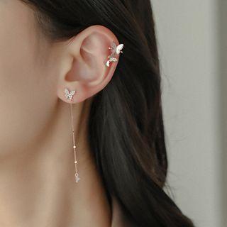 Non-matching Rhinestone Butterfly Ear Cuff/drop Earring Rose Gold - One Size