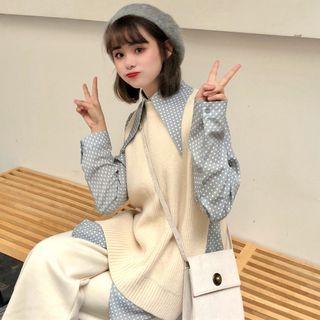 Polka Dot Shirt / Button Side Knit Vest