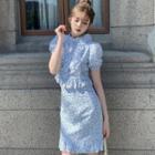 Puff-sleeve Stand-collar Ruffle Trim Floral Crop Shirt / Ruffle Hem Mini Pencil Skirt