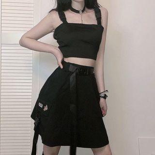 Sleeveless Cropped Top / Embroidered A-line Mini Skirt