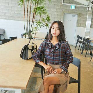 V-neck Ruffle-trim Plaid Blouse