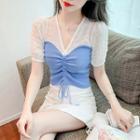 Puff-sleeve Drawstring Knit Panel A-line Dress