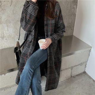 Plaid Long-sleeve Loose-fit Jacket Black - One Size