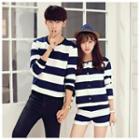 Women 3/4-sleeve Jacket + Striped Shorts Set / Men Striped Matching Couple Pullover
