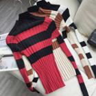 Two-tone Mock-neck Ribbed Knit Top