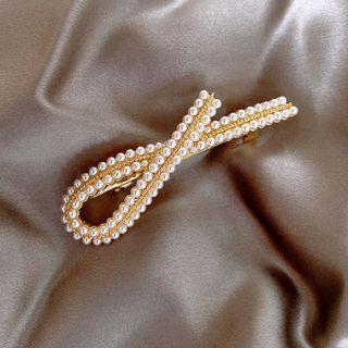 Faux Pearl Hair Clip Hair Clip - Faux Pearl - Bow - Gold & White - One Size