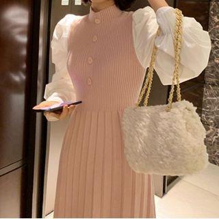Mock-neck Puff-sleeve A-line Knit Dress