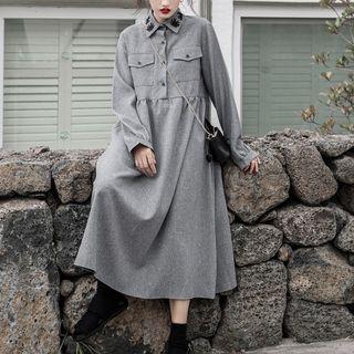 Long-sleeve Embroidered Placket Midi Dress