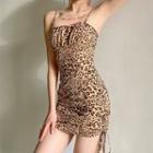 Spaghetti Strap Leopard Print Drawstring Mini Dress