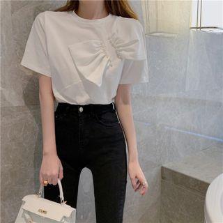 Short-sleeve Bow-accent Beaded Plain Top