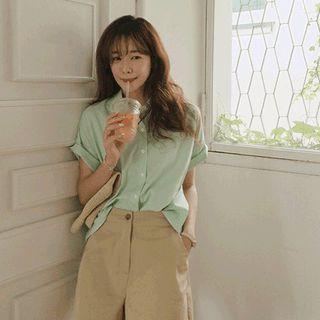 Drop-shoulder Gingham / Plain Shirt
