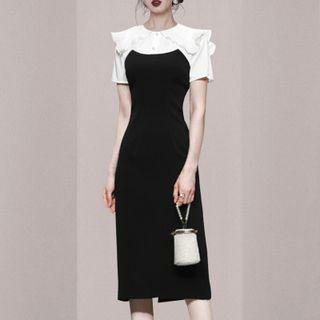 Short-sleeve Frill Trim Midi Sheath Dress
