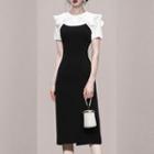 Short-sleeve Frill Trim Midi Sheath Dress